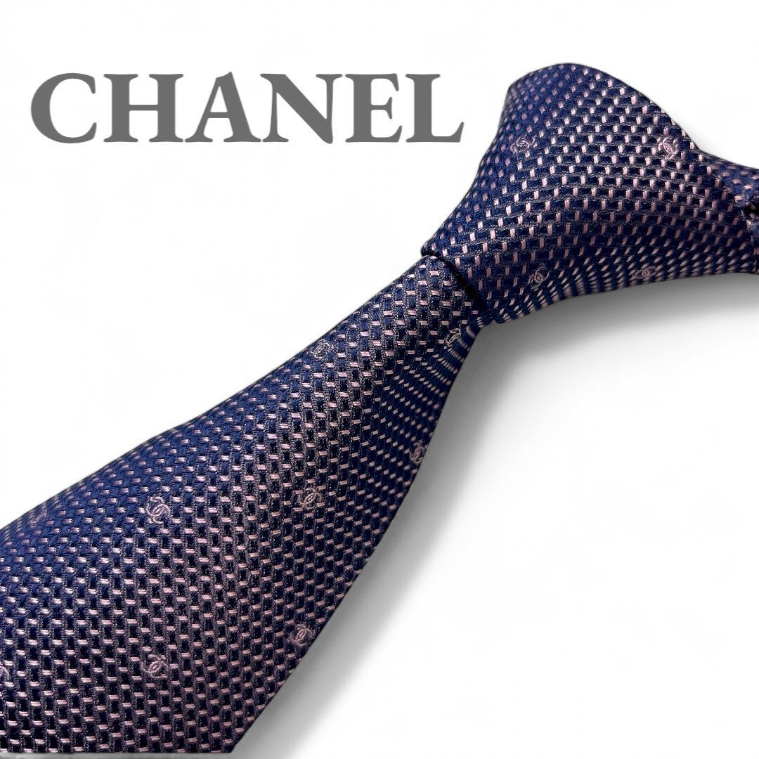美品　CHANEL シャネル シルク ネクタイ CCロゴ 紺紫 ジャガード