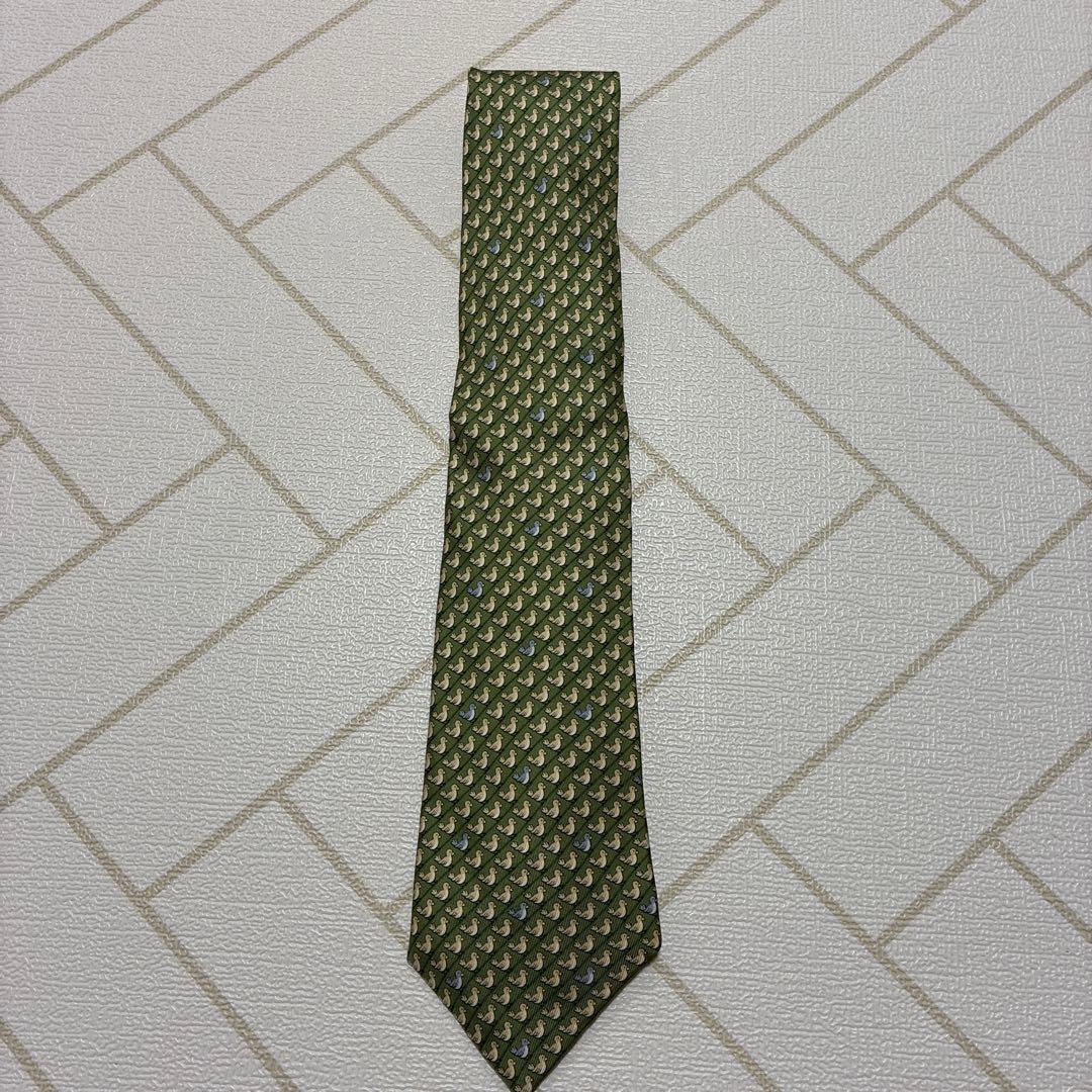 【美品】エルメス HERMÈS ネクタイ アヒル シルク グリーン 高級 メンズ