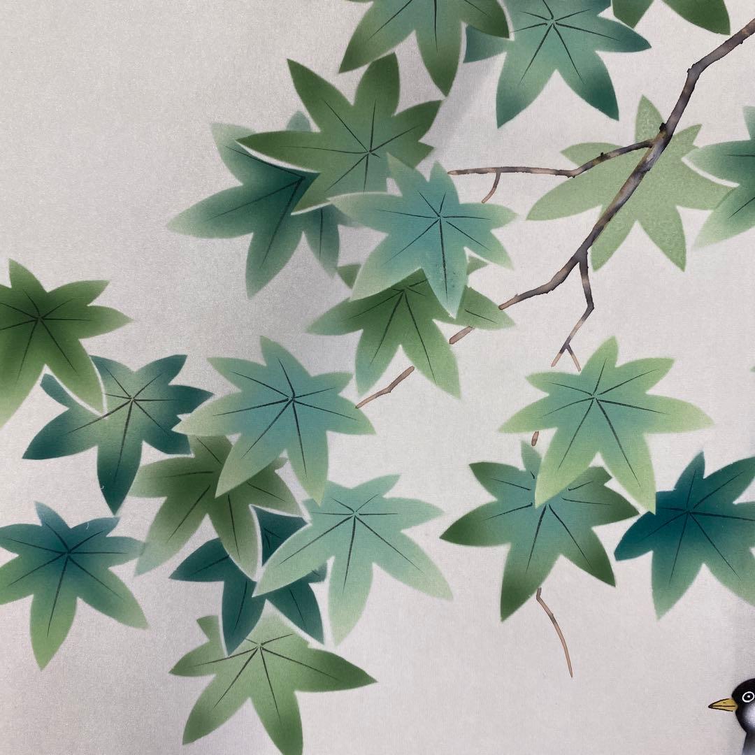 美品 掛け軸 佐藤雅美作 青もみじに小鳥図 共箱 花鳥