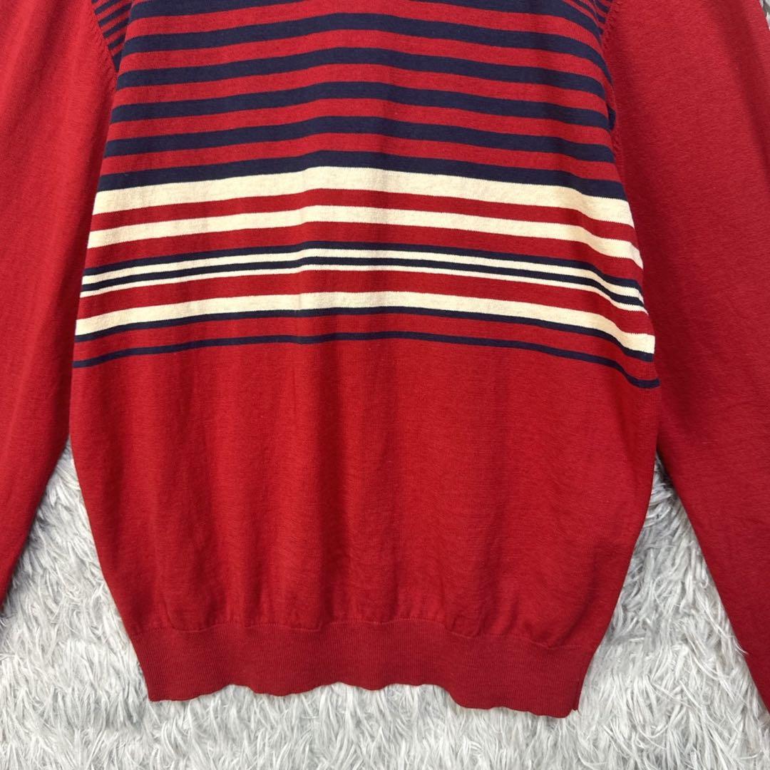 ヒールクリーク/Vネックマルチボーダーカーディガン/リネン混/ロゴ刺繍/ゴルフ