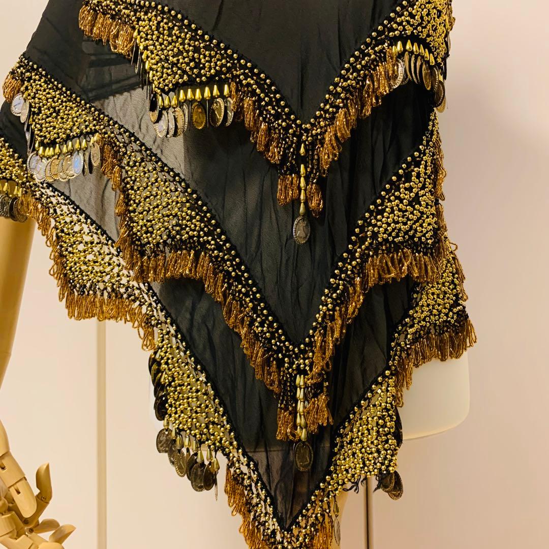 ベリーダンス　ヒップスカーフ　ゴールド　　ブラック　ビーズ　ゴージャス