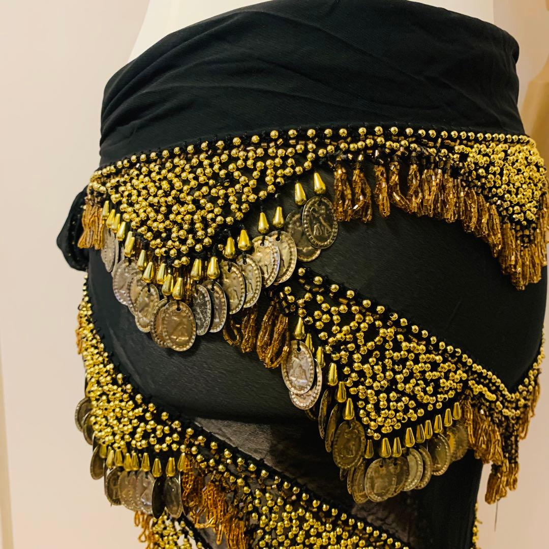 ベリーダンス　ヒップスカーフ　ゴールド　　ブラック　ビーズ　ゴージャス