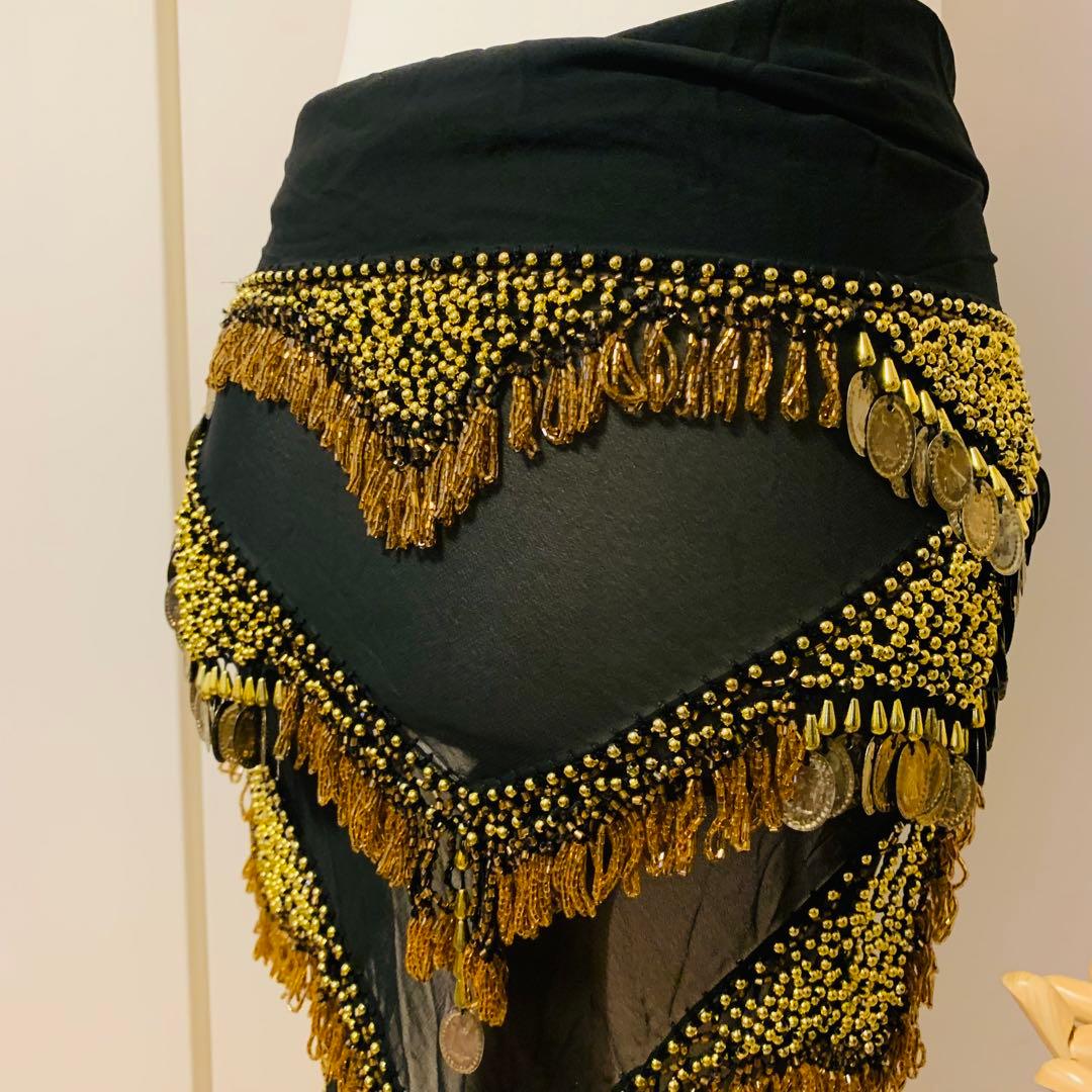 ベリーダンス　ヒップスカーフ　ゴールド　　ブラック　ビーズ　ゴージャス