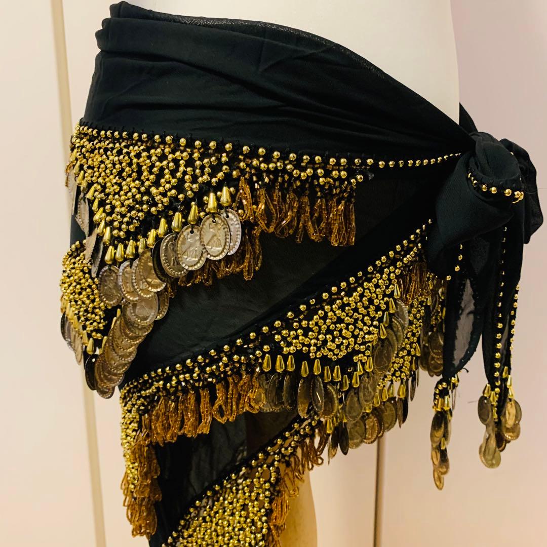 ベリーダンス　ヒップスカーフ　ゴールド　　ブラック　ビーズ　ゴージャス