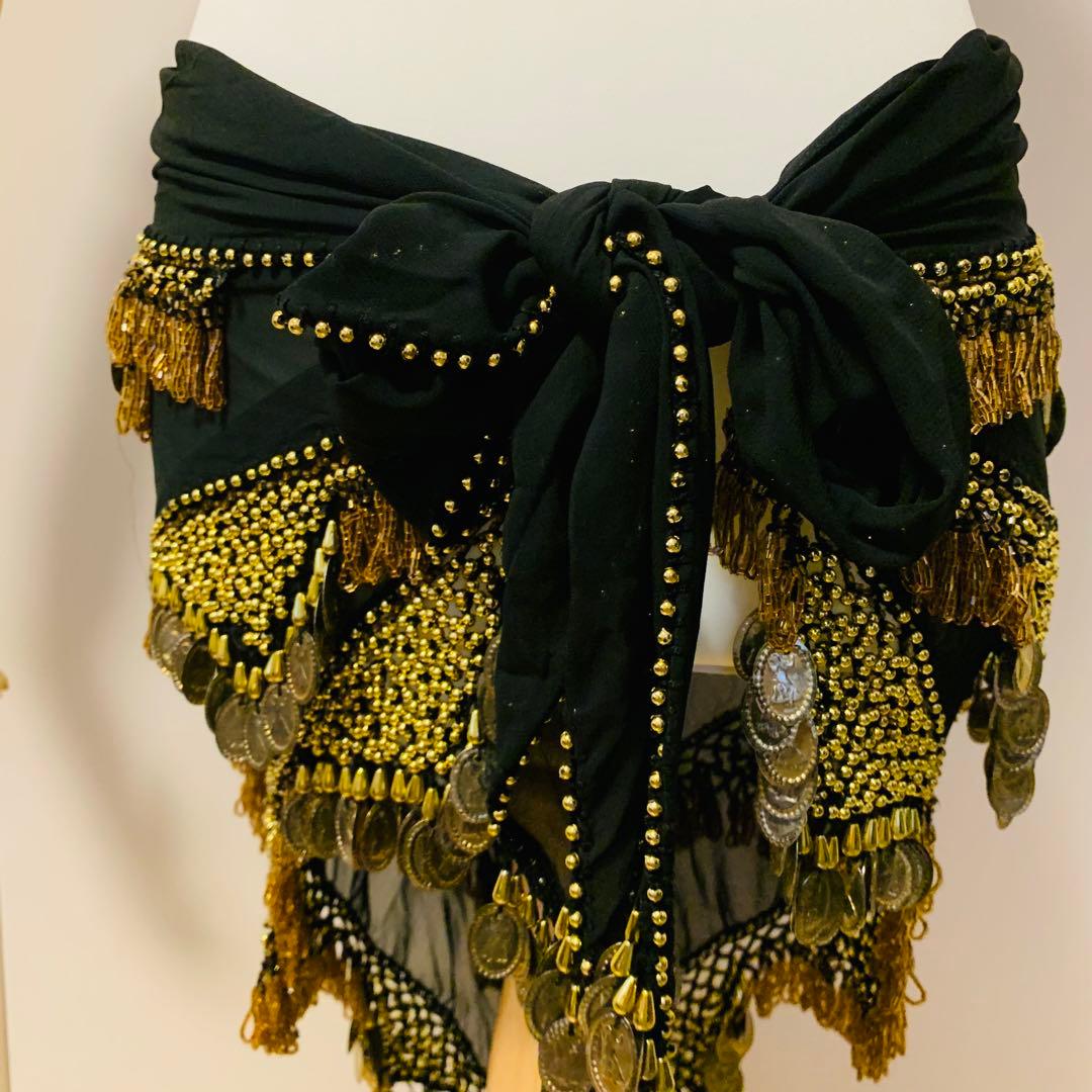 ベリーダンス　ヒップスカーフ　ゴールド　　ブラック　ビーズ　ゴージャス