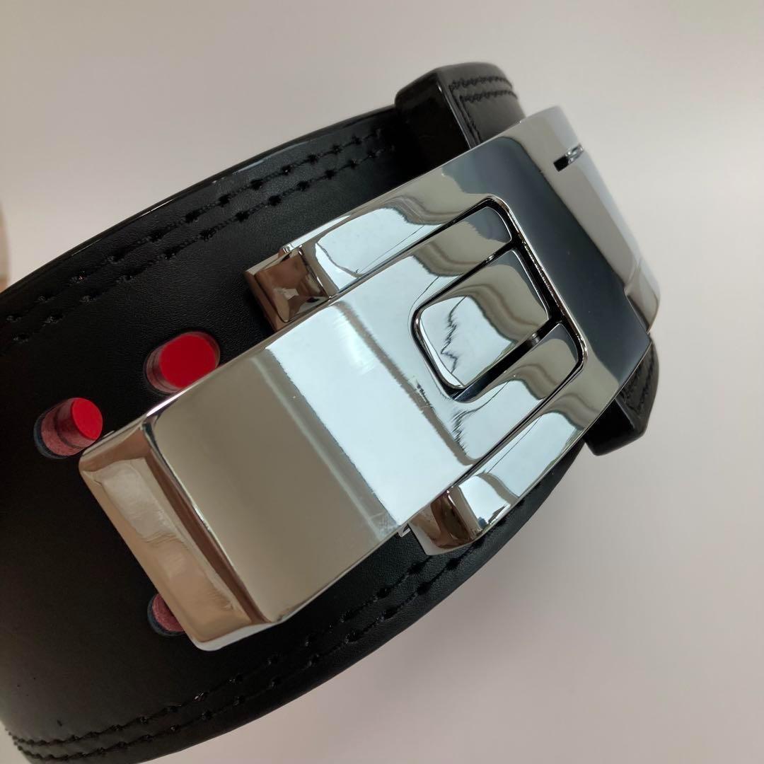 パワーベルト レバーアクション Lサイズ ワンタッチ可変式　黒×裏地赤×艶銀