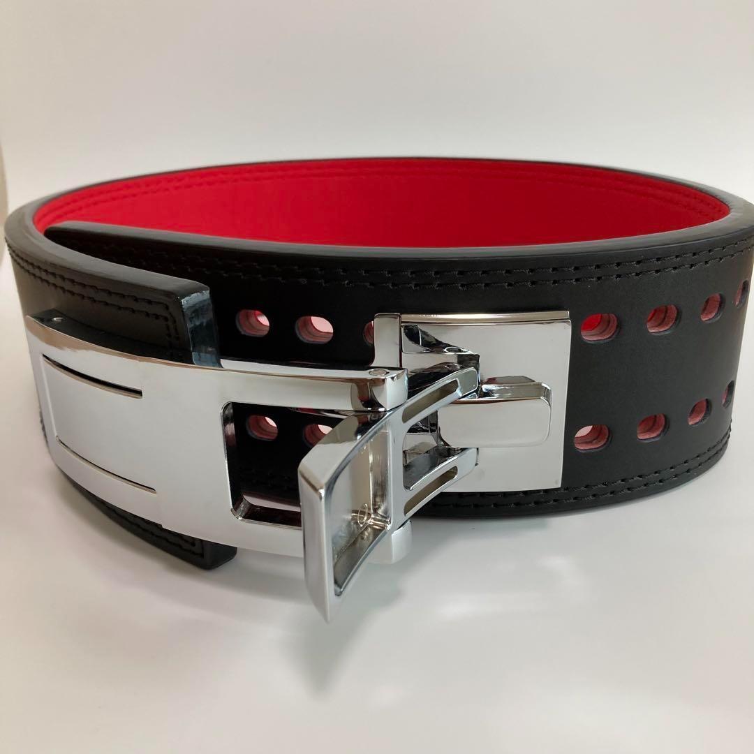 パワーベルト レバーアクション Lサイズ ワンタッチ可変式　黒×裏地赤×艶銀