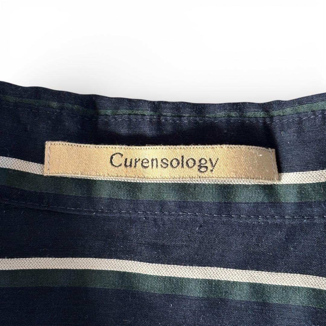 Curensology オーガンストライプシャツワンピース ネイビー