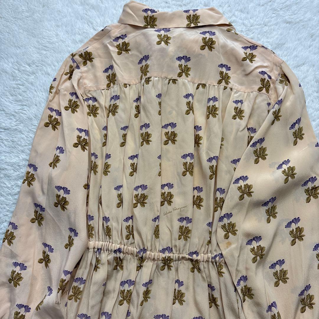 サルヴァトーレフェラガモ　リボンタイ シルクワンピース　花柄　シアー素材