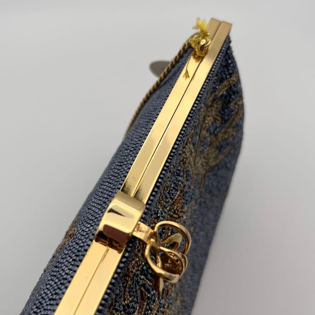 高級ビーズバッグ 新品未使用 がま口 チェーン ブラック系 刺繍 ビンテージ