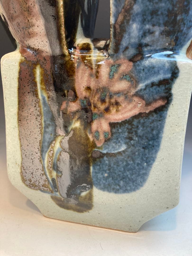 河井武一 作 花紋三色流扁壷 共箱 高さ27cm 河井寛次郎の甥・一番弟子