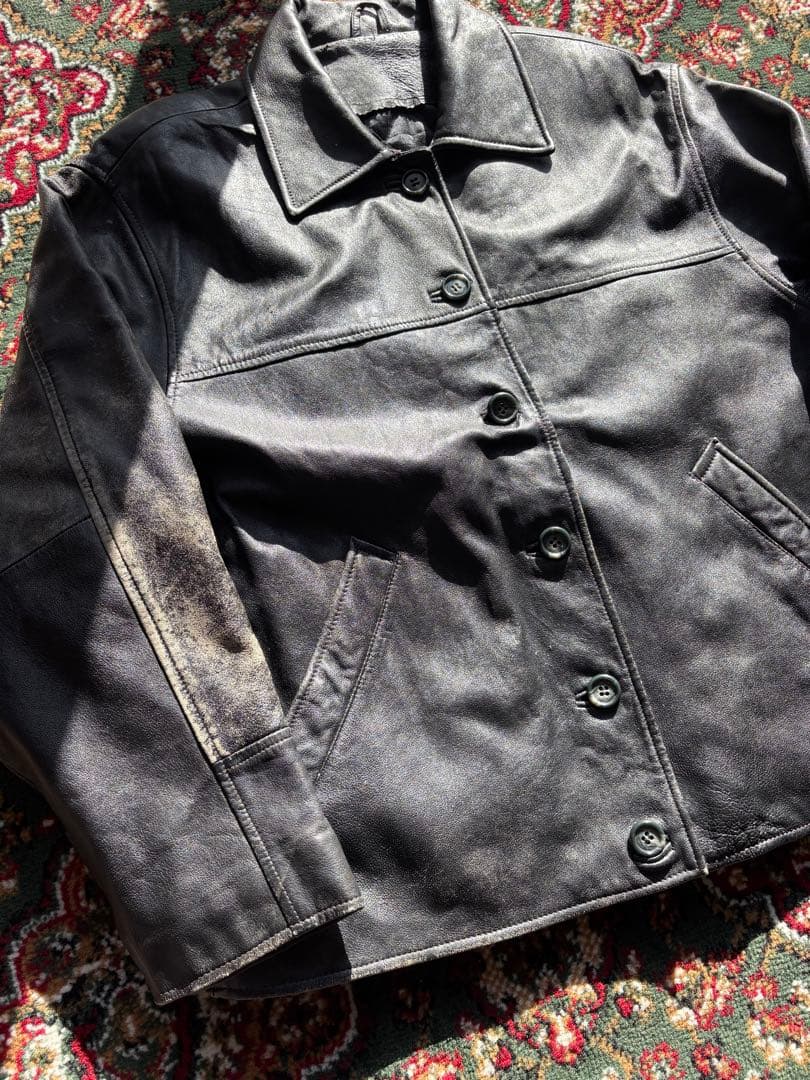 90s real leather car coat レザージャケット ブラック