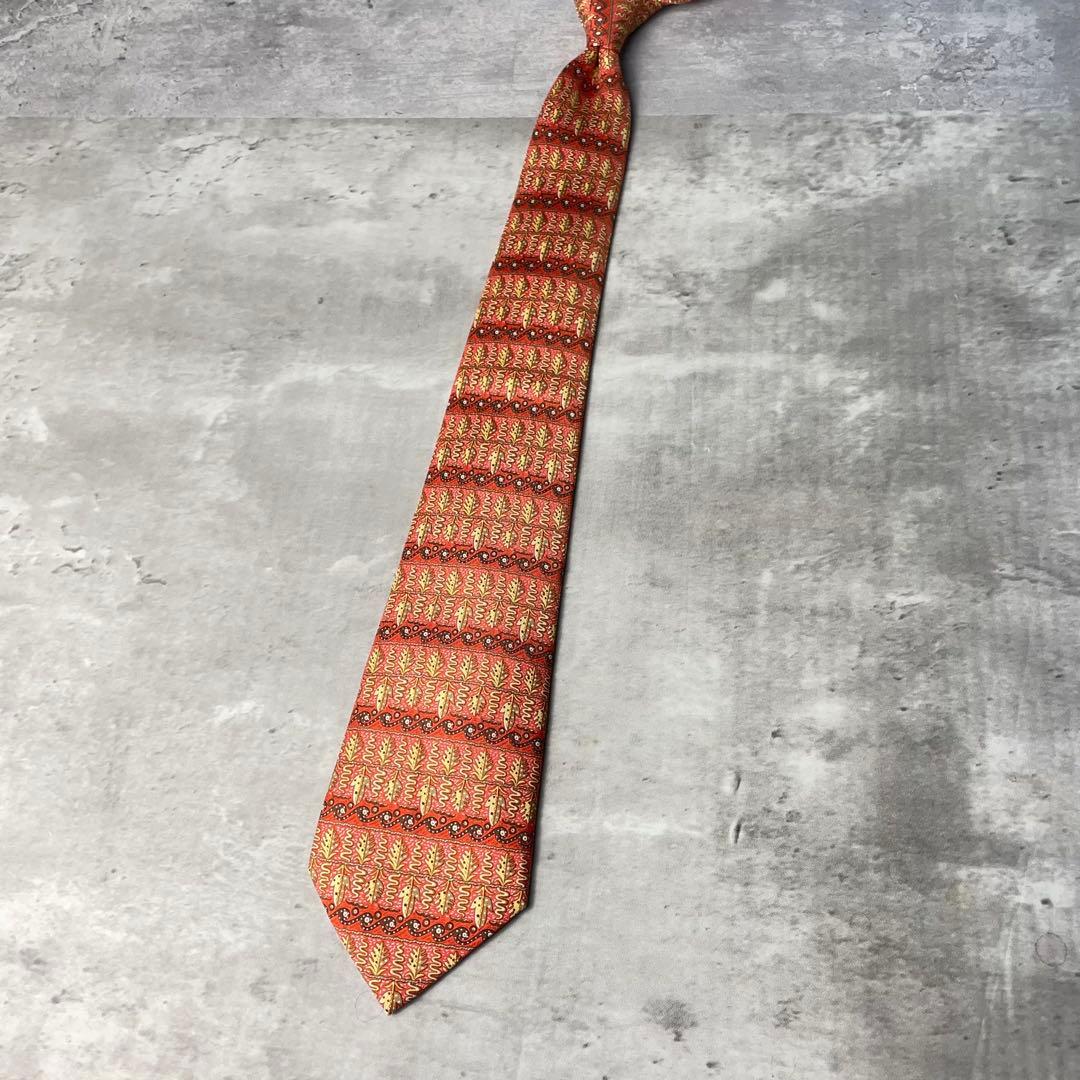 美品 HERMES エルメス ボーダー 葉柄 ヘビ ネクタイ レッド 赤