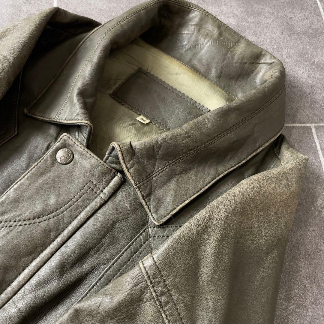 90s EURO 古着 本革 レザージャケット 深緑 カーキ系 54