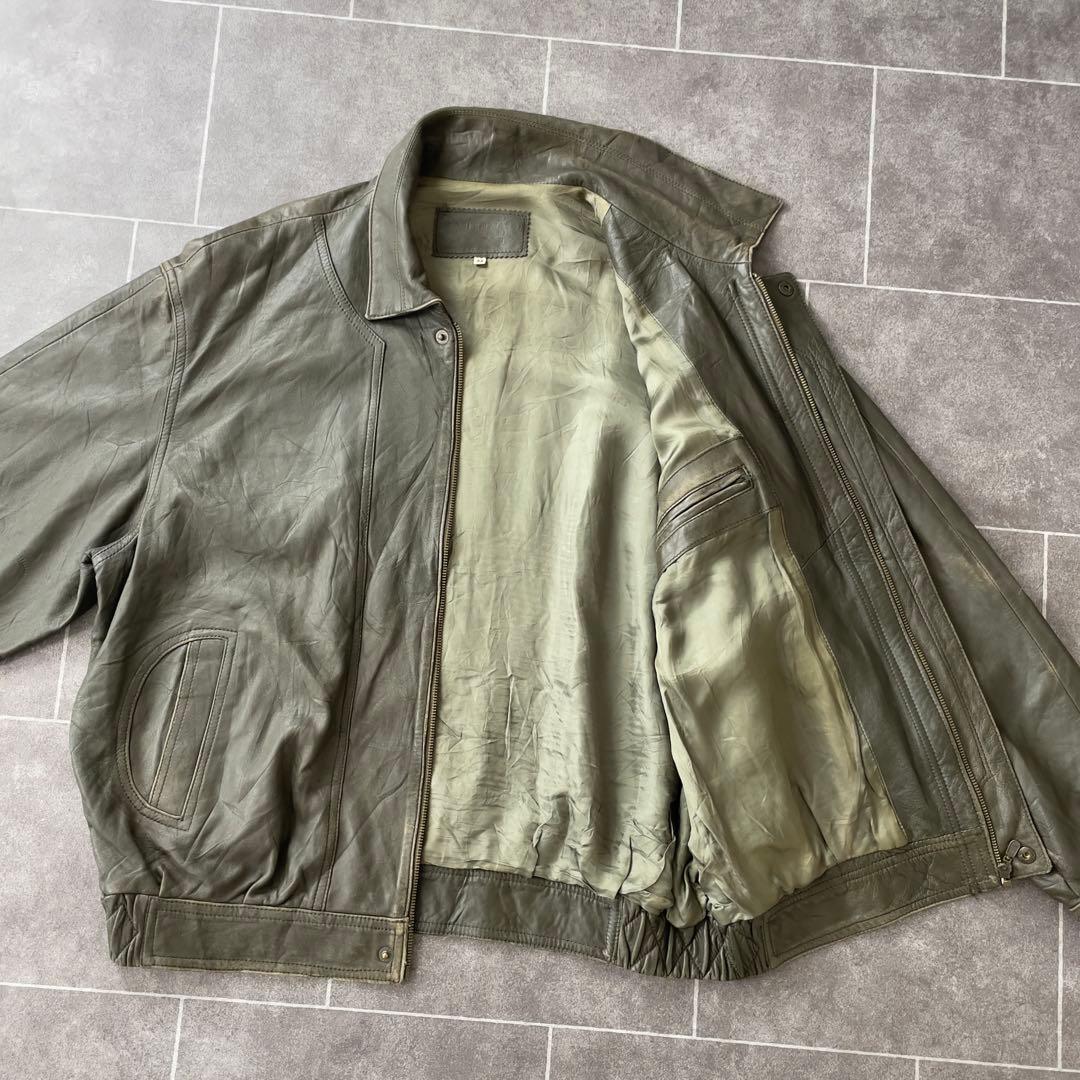 90s EURO 古着 本革 レザージャケット 深緑 カーキ系 54