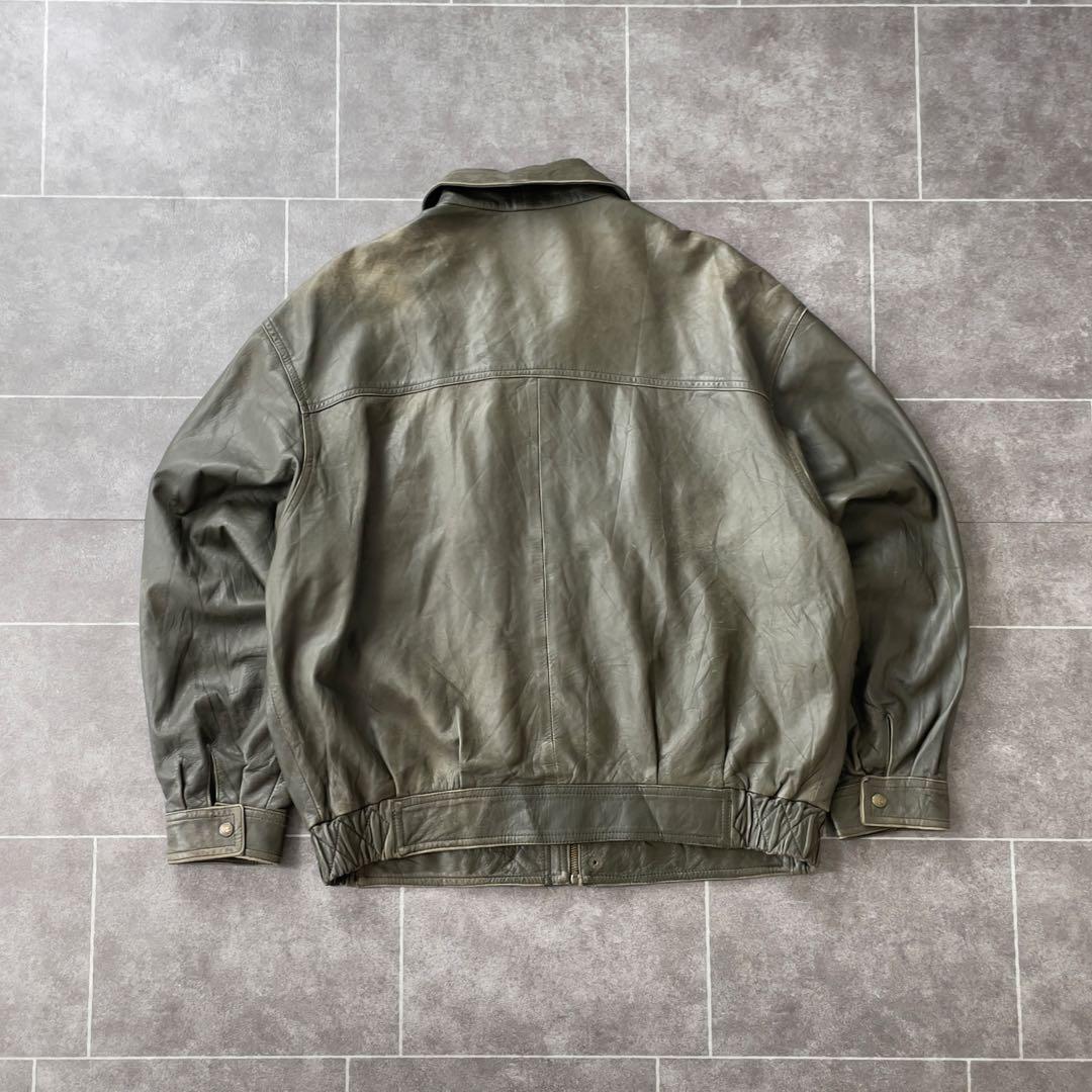 90s EURO 古着 本革 レザージャケット 深緑 カーキ系 54