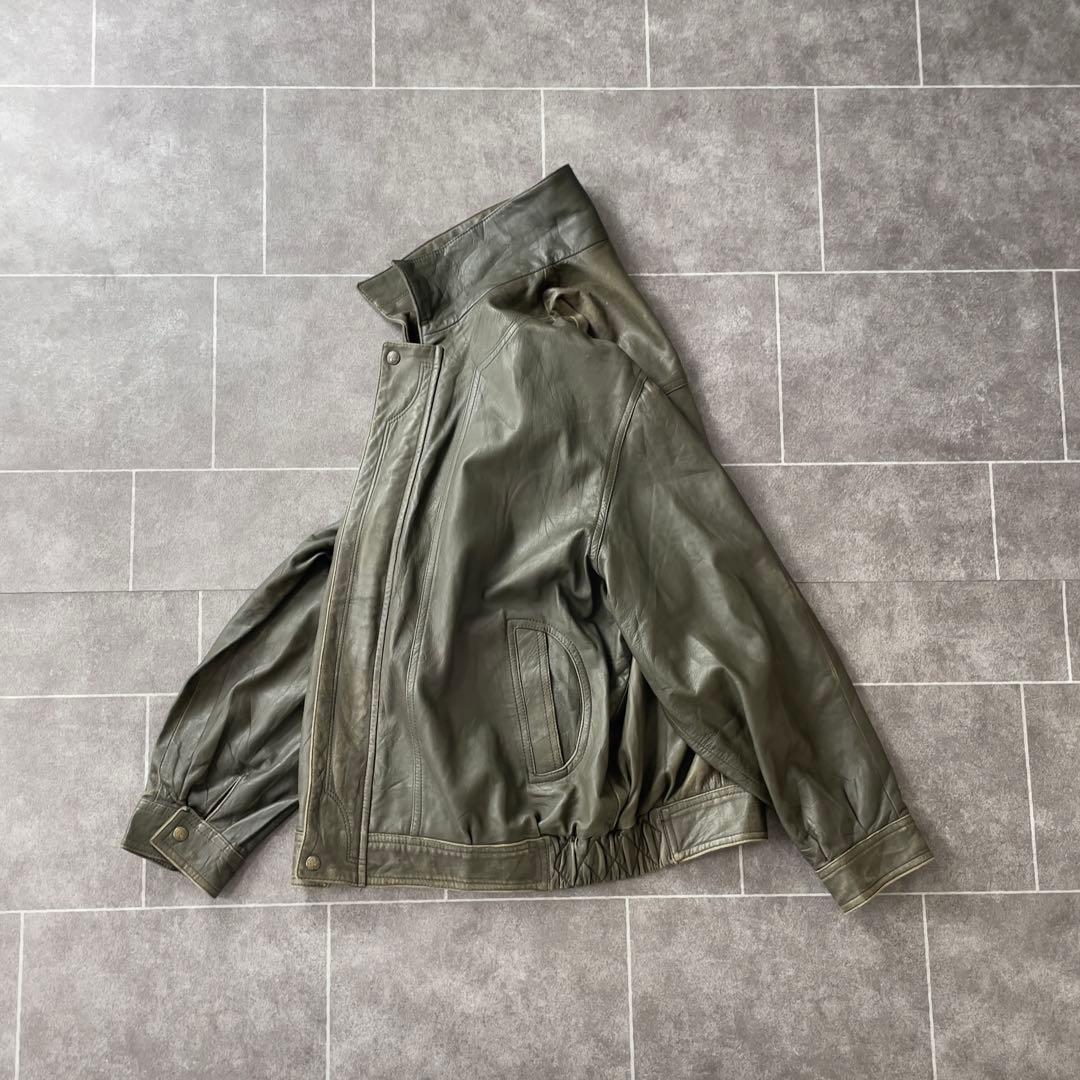 90s EURO 古着 本革 レザージャケット 深緑 カーキ系 54