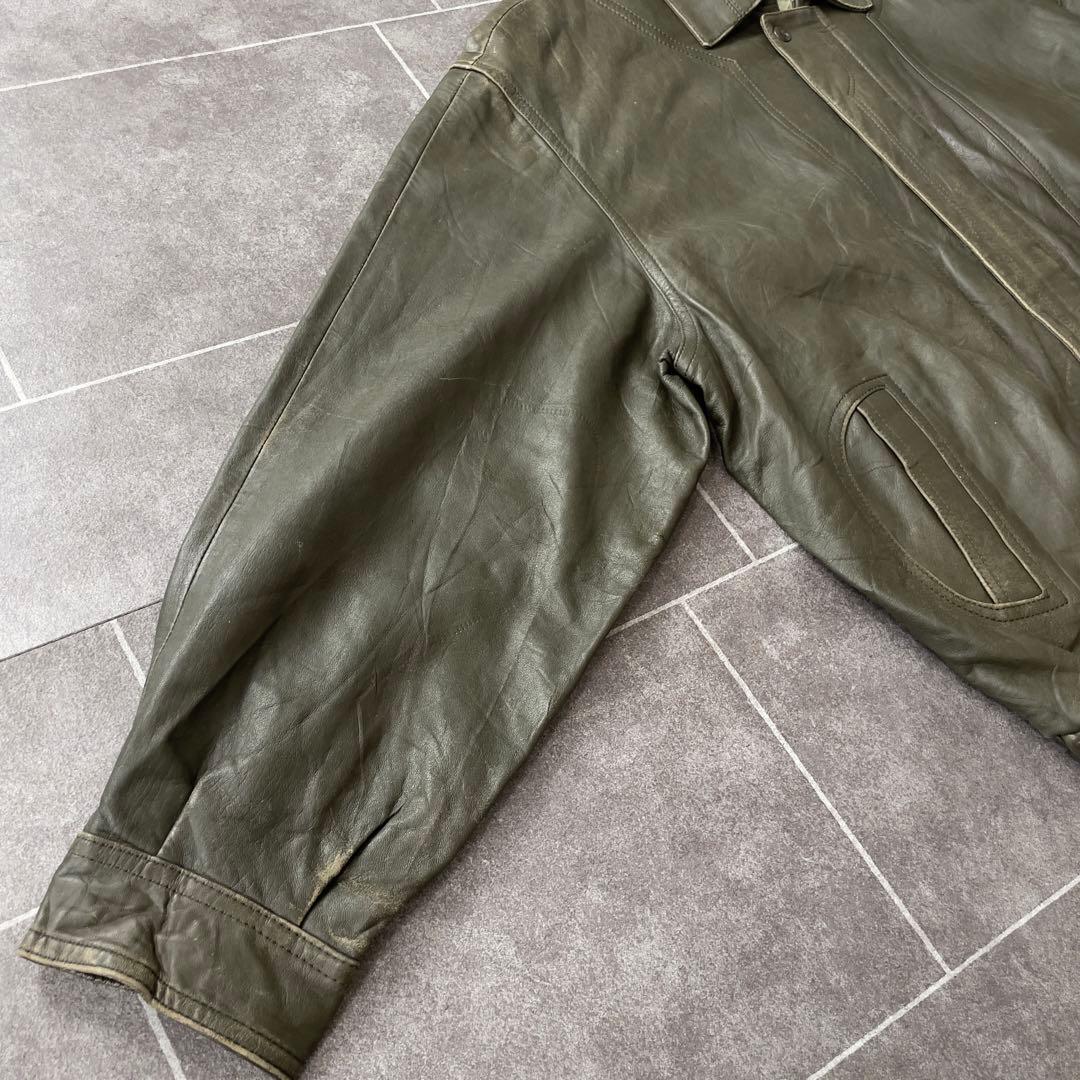 90s EURO 古着 本革 レザージャケット 深緑 カーキ系 54