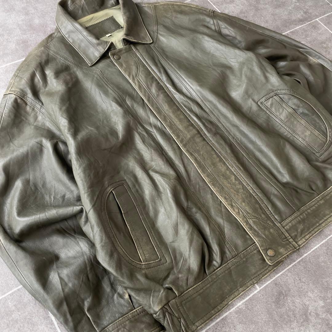 90s EURO 古着 本革 レザージャケット 深緑 カーキ系 54