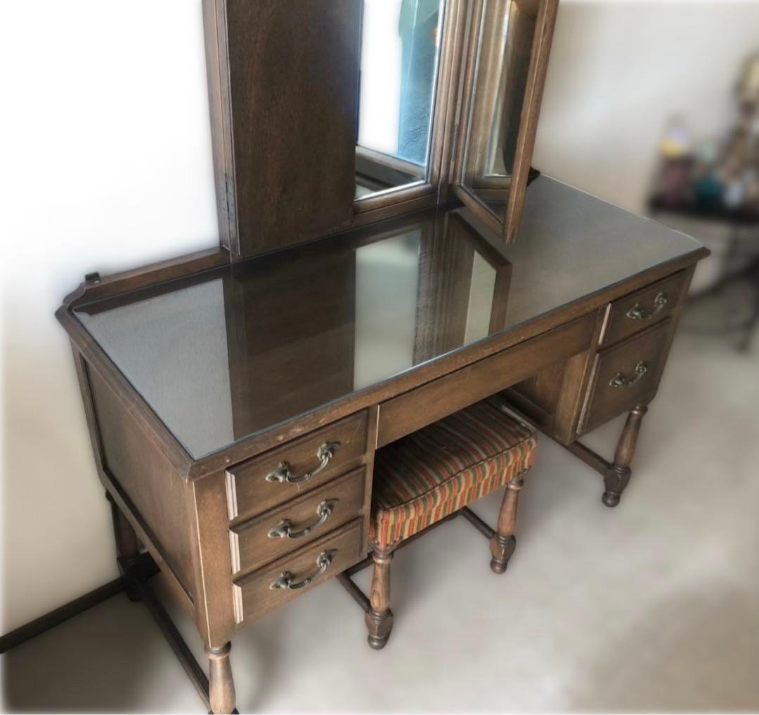 三面鏡 ドレッサー　鏡台　化粧台　ナラ材　天然木　ガラス天板　ヴィンテージ