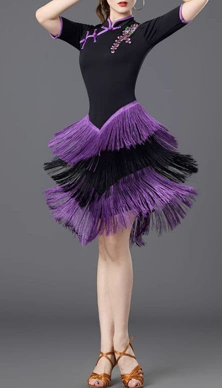 社交ダンスドレス ラテンドレス 半袖 フリンジ 競技 オーダーメイド