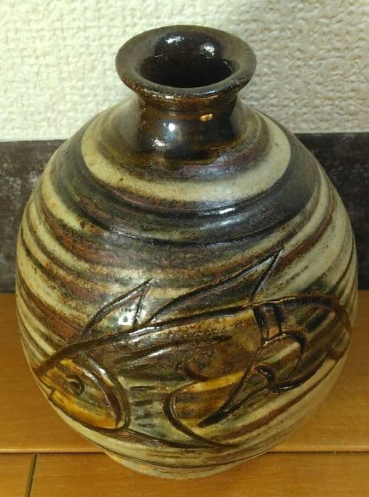 人間国宝 金城次郎 壷屋焼 徳利 栞 共箱 美品 壺屋焼 やちむん 笑魚紋徳利