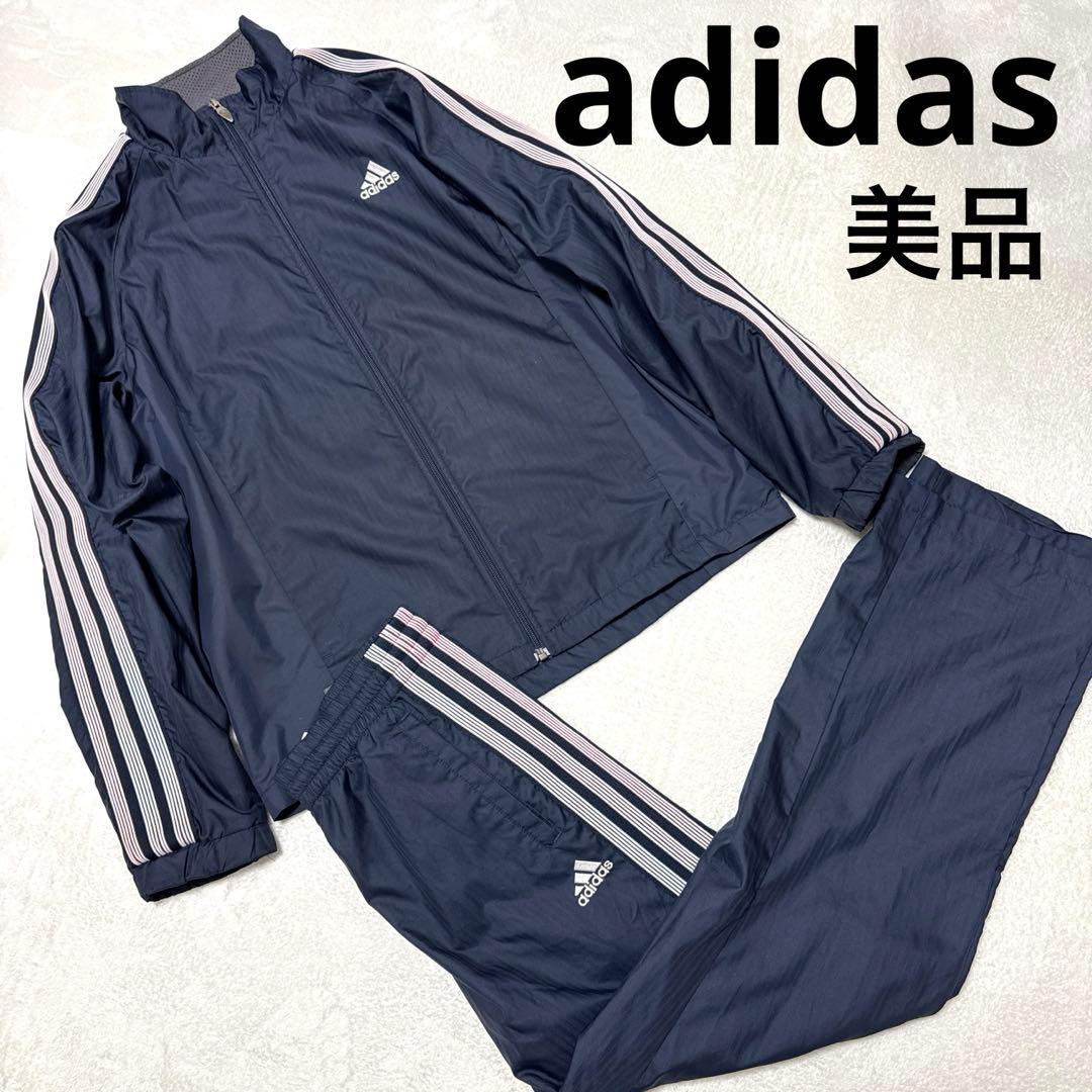 美品 アディダス セットアップ ウィンドブレーカ ジャージ M ネイビー ライン