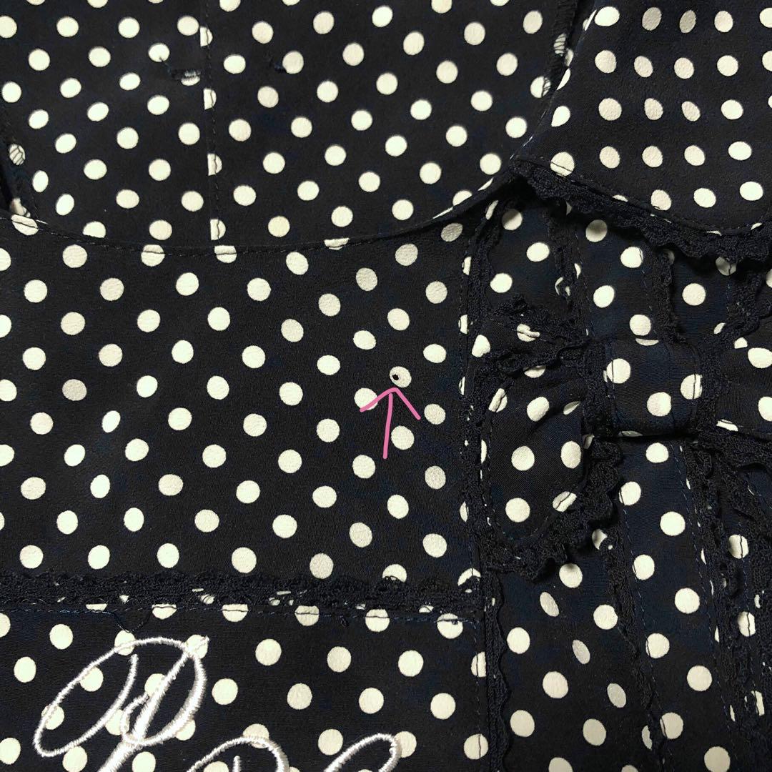 ピンクハウス 紺×白 ドット柄 ピンタック ロゴ刺繍 リボン ポリ ワンピース