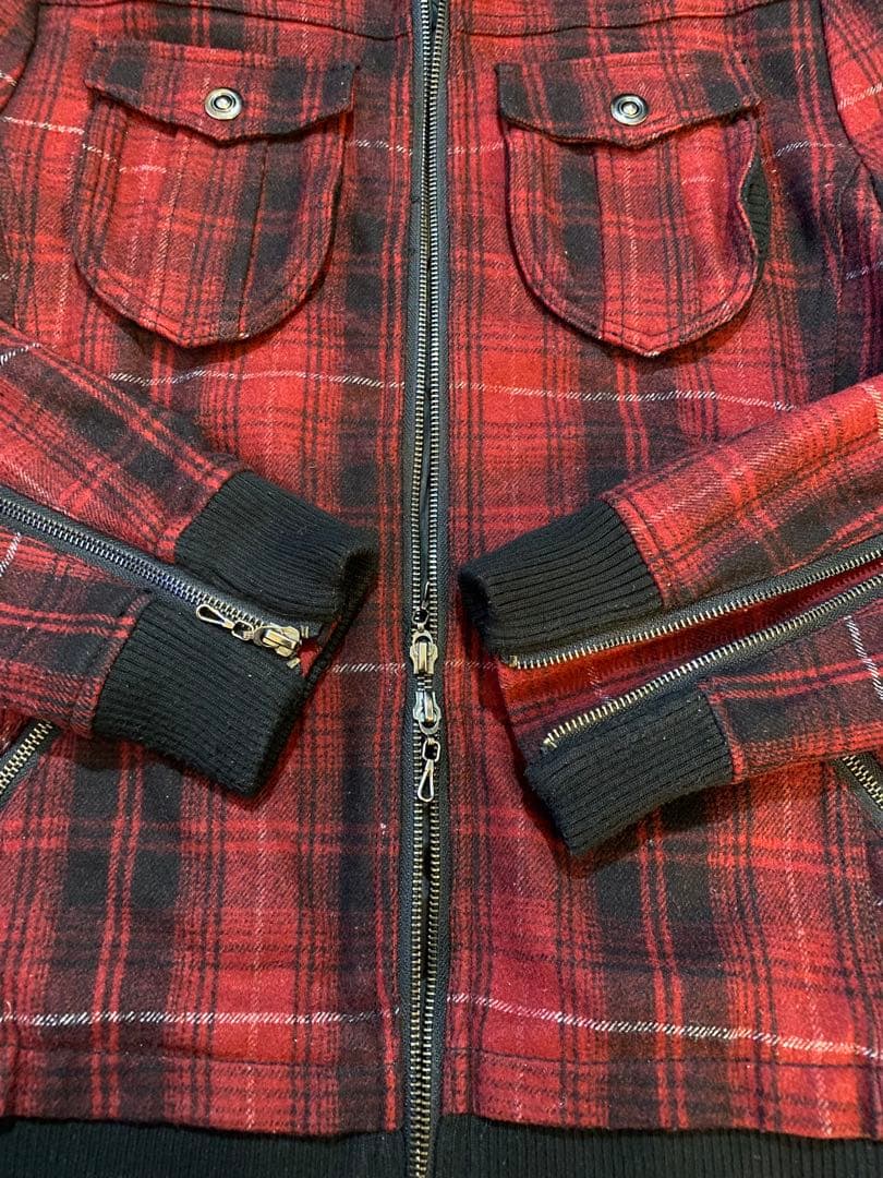 Y2K archive フード収納　ギミック　ジップアップ　赤黒　チェック　平成