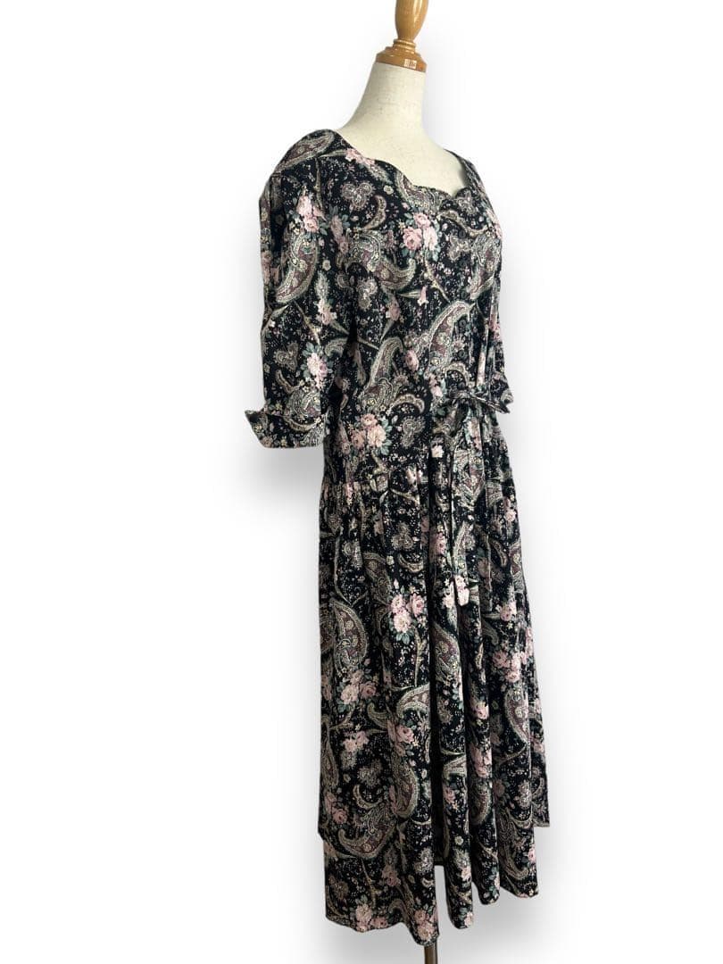 ヴィンテージ USA製 花柄 ペイズリー柄 五分袖 ロングワンピース O62