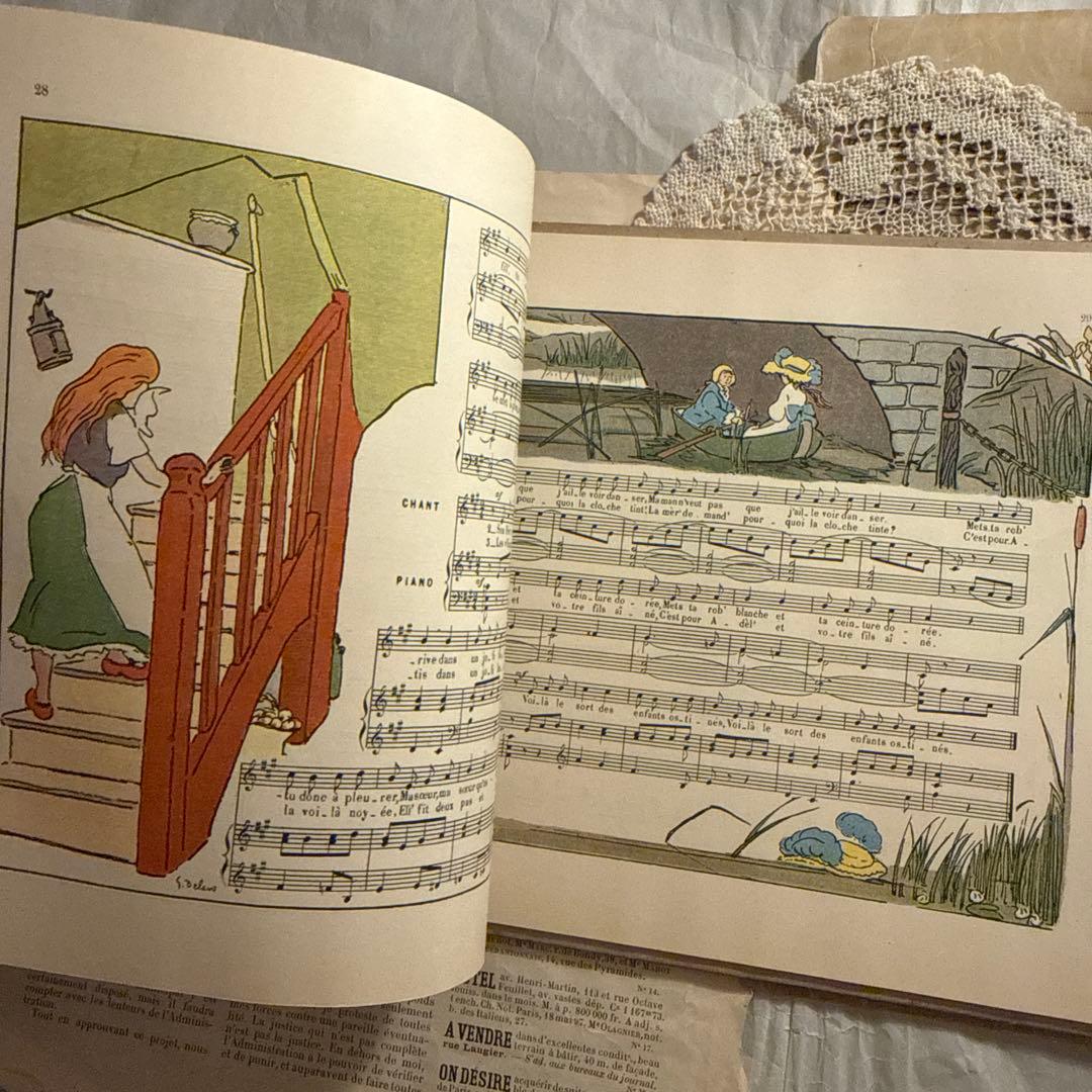 1910年フランス語アンティーク絵本　洋書　古書　楽譜ジャンクジャーナル