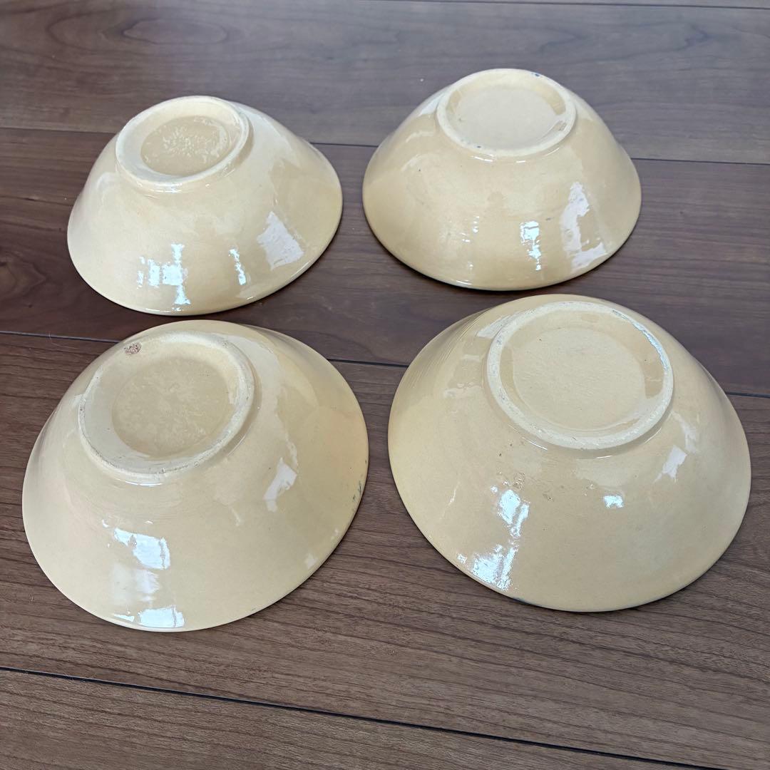 陶器製ボウル 4枚セット ヴィンテージ ソンベ焼き 中皿 鶏 青色 鉢