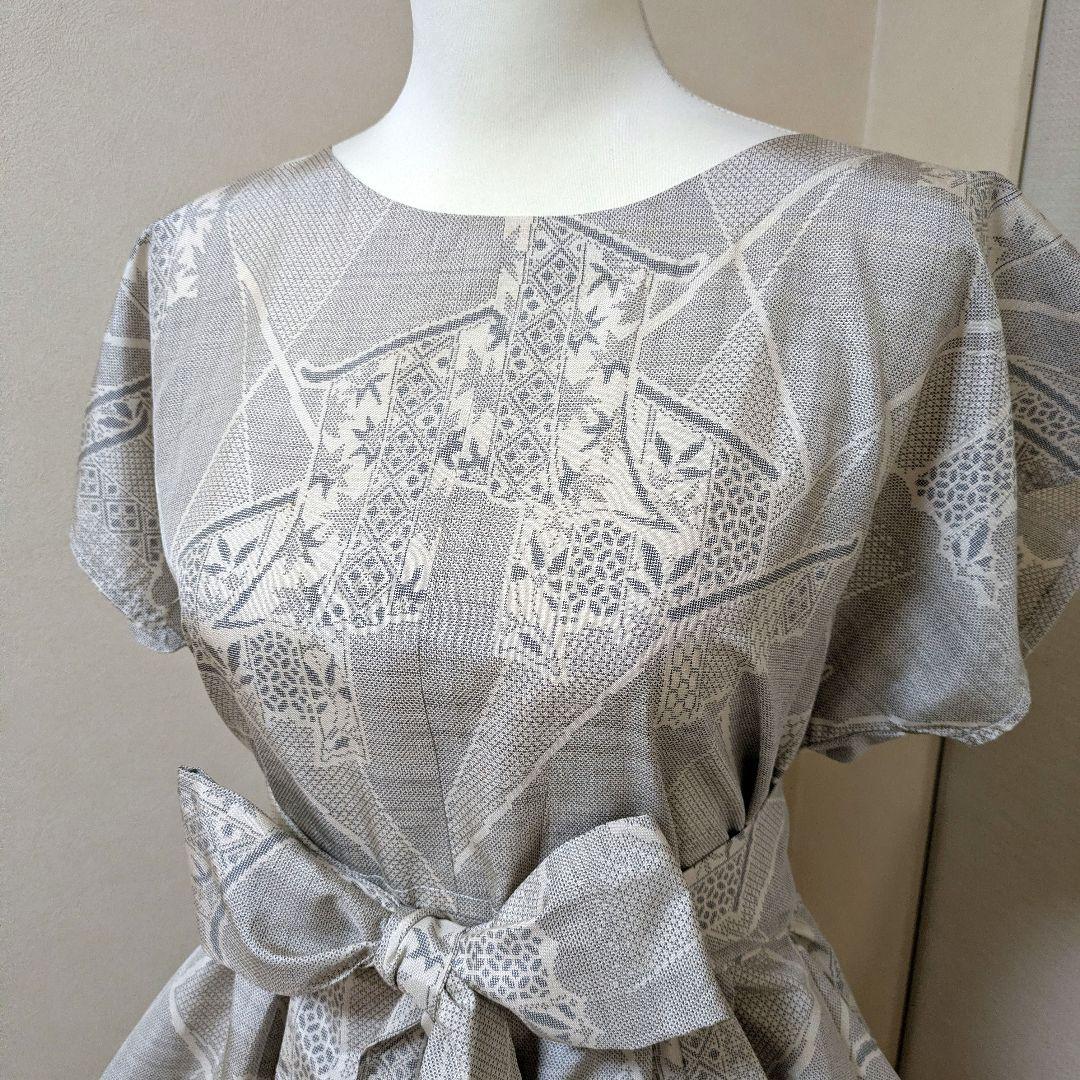 121　白系　ワンピース＋リボンベルト＋スカーフ　着物リメイク　大島紬