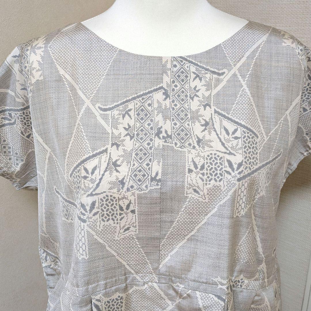 121　白系　ワンピース＋リボンベルト＋スカーフ　着物リメイク　大島紬