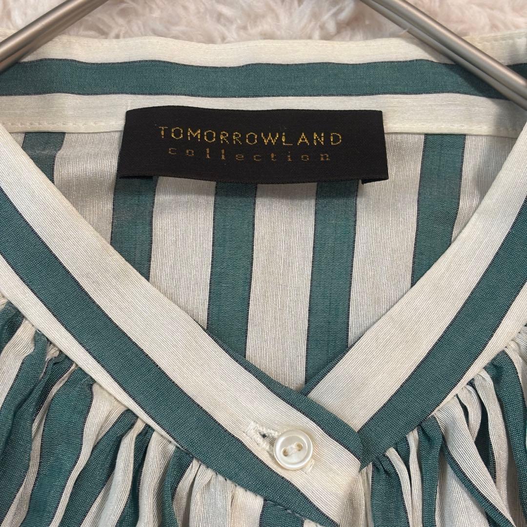 極美品トゥモローランドトラックストライプ ギャザーパフスリーブブラウス グリーン