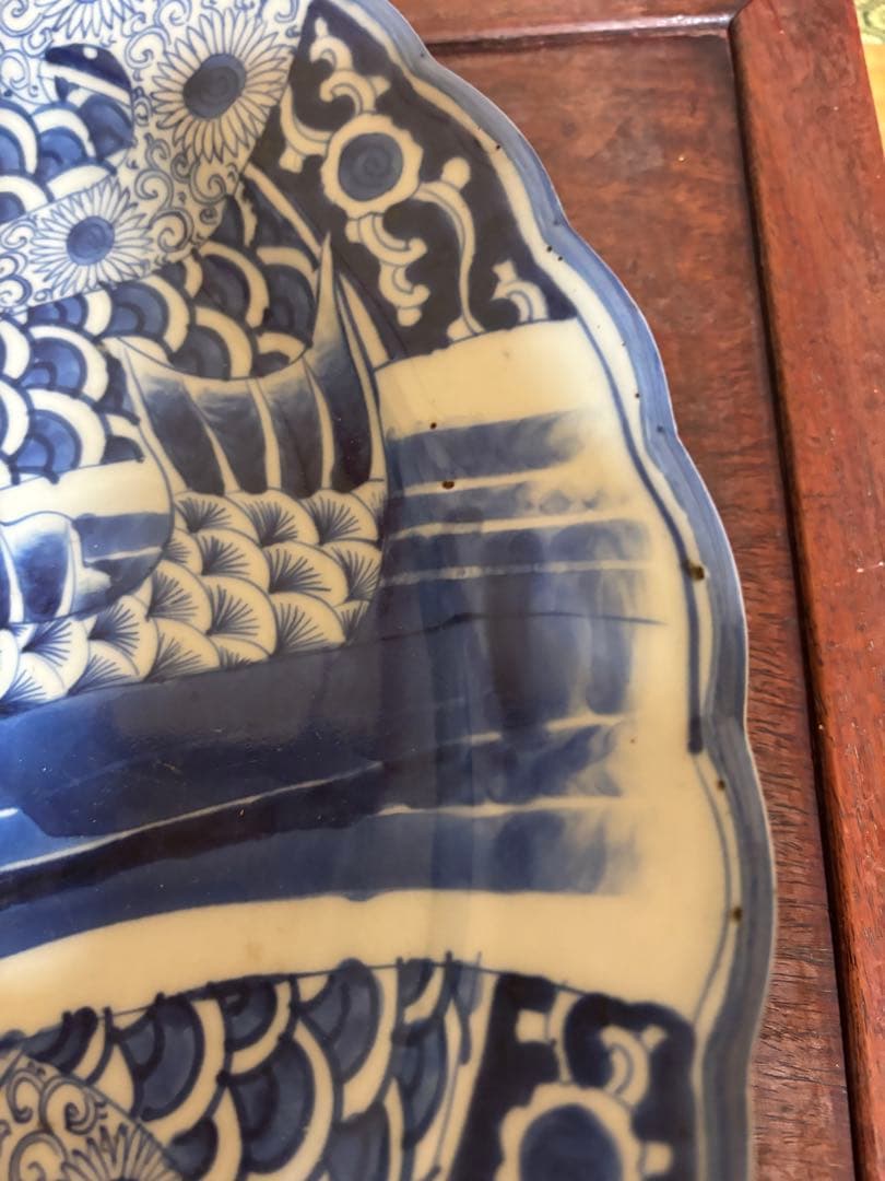 古伊万里　染付　鯉の滝登り図大皿　登竜門　38cm