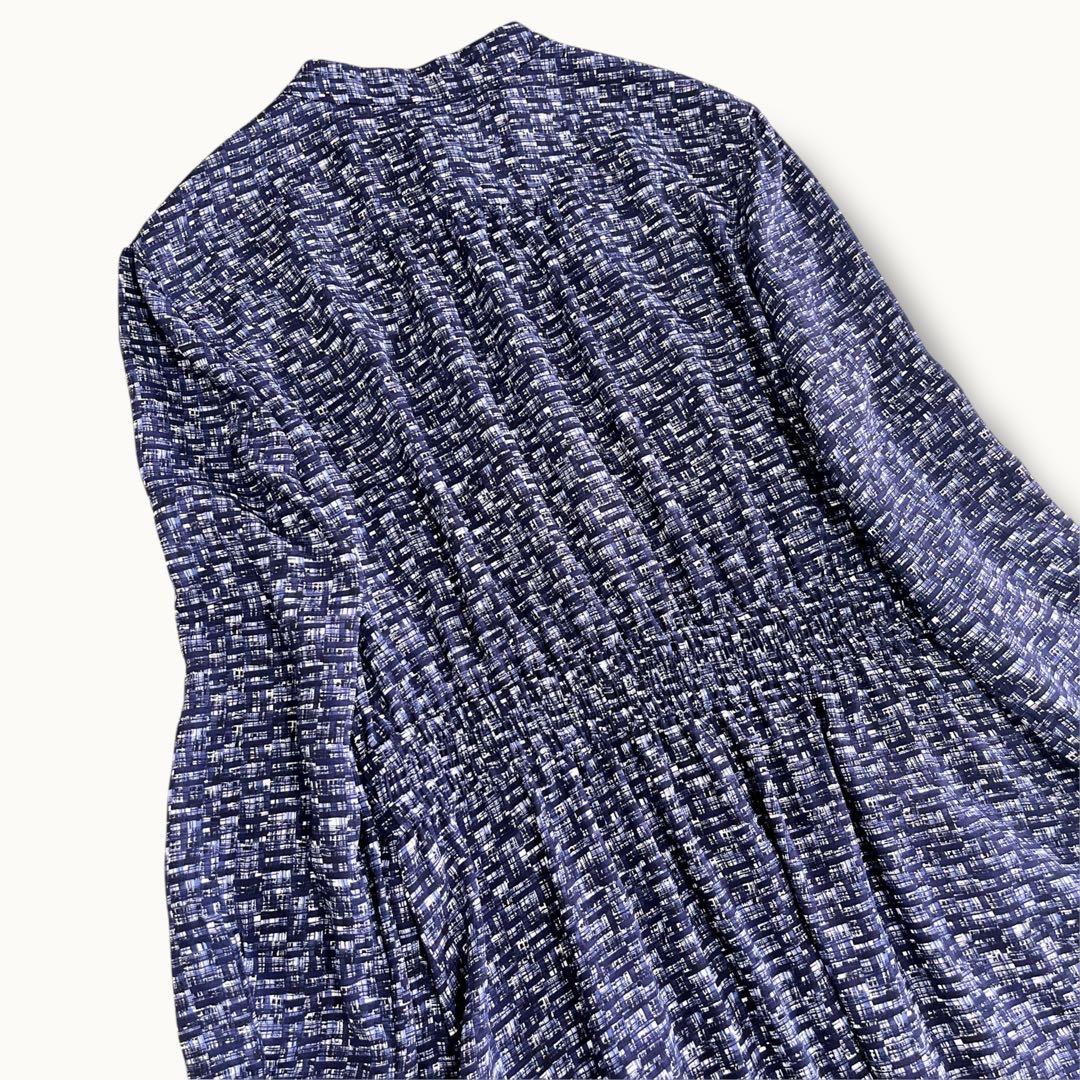 美品 23区 ツイーディープリントドレス 洗える ワンピース 32 ネイビー