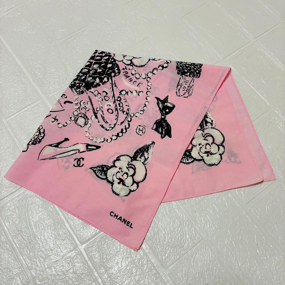 レア◆ CHANEL シャネル ピンク 大判 ハンカチ 花柄 スカーフ バンダナ