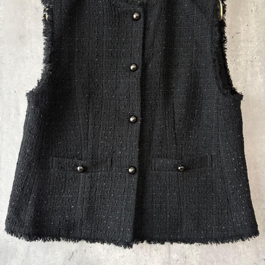 レリアン Leilian ツイードベスト ジレ フリンジ ブラック 9号