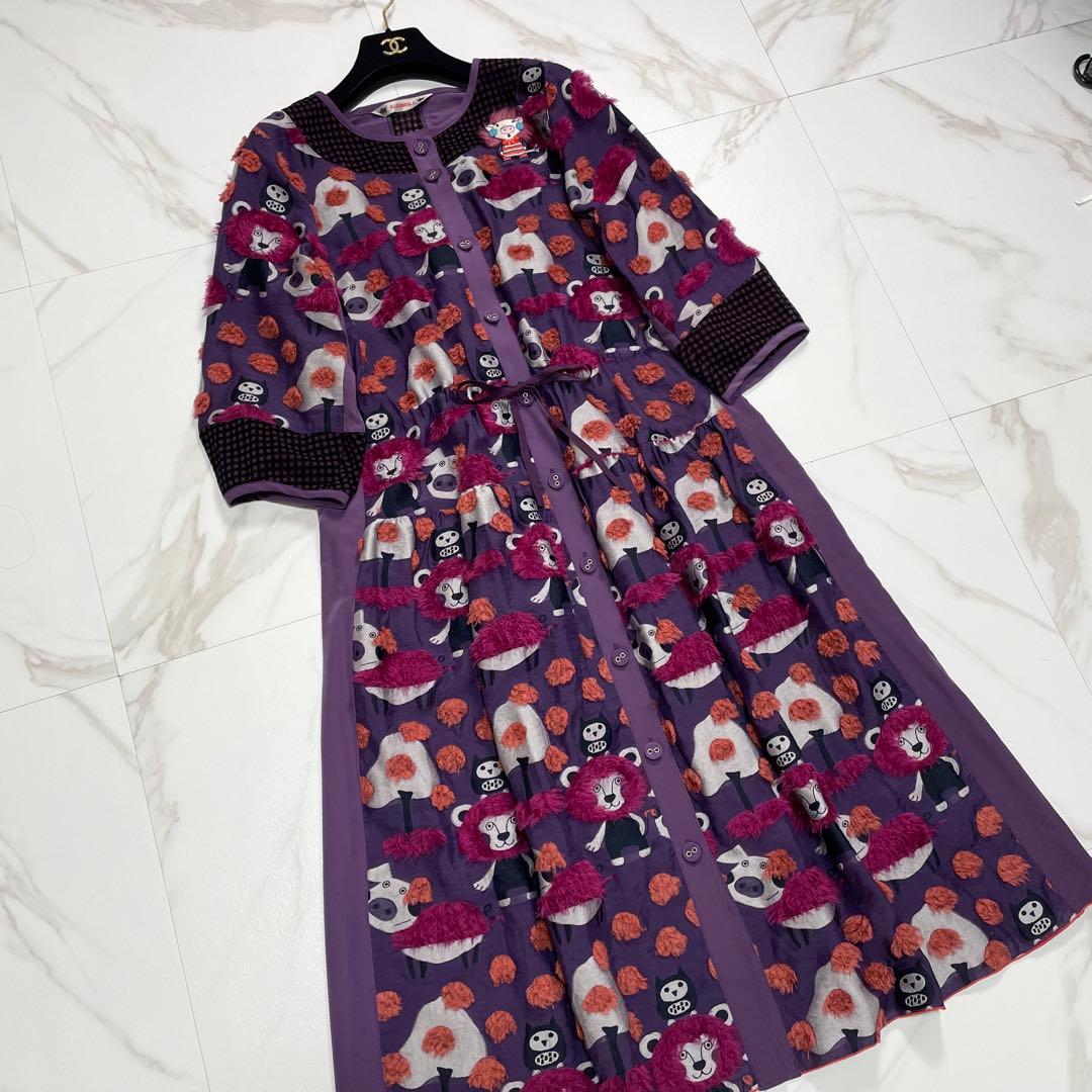 希少✨アルベロベロ ロングワンピース 総柄 ブタさん ブローチ 立体 フリンジ