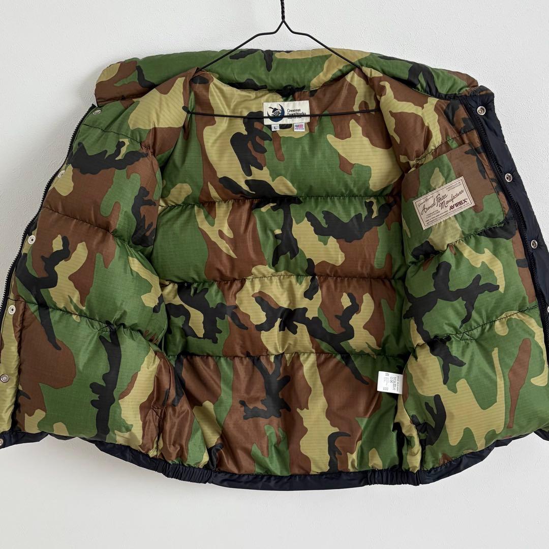 USA製★クレセントダウンワークス AVIREX ダウンベスト 黒 迷彩 カモ