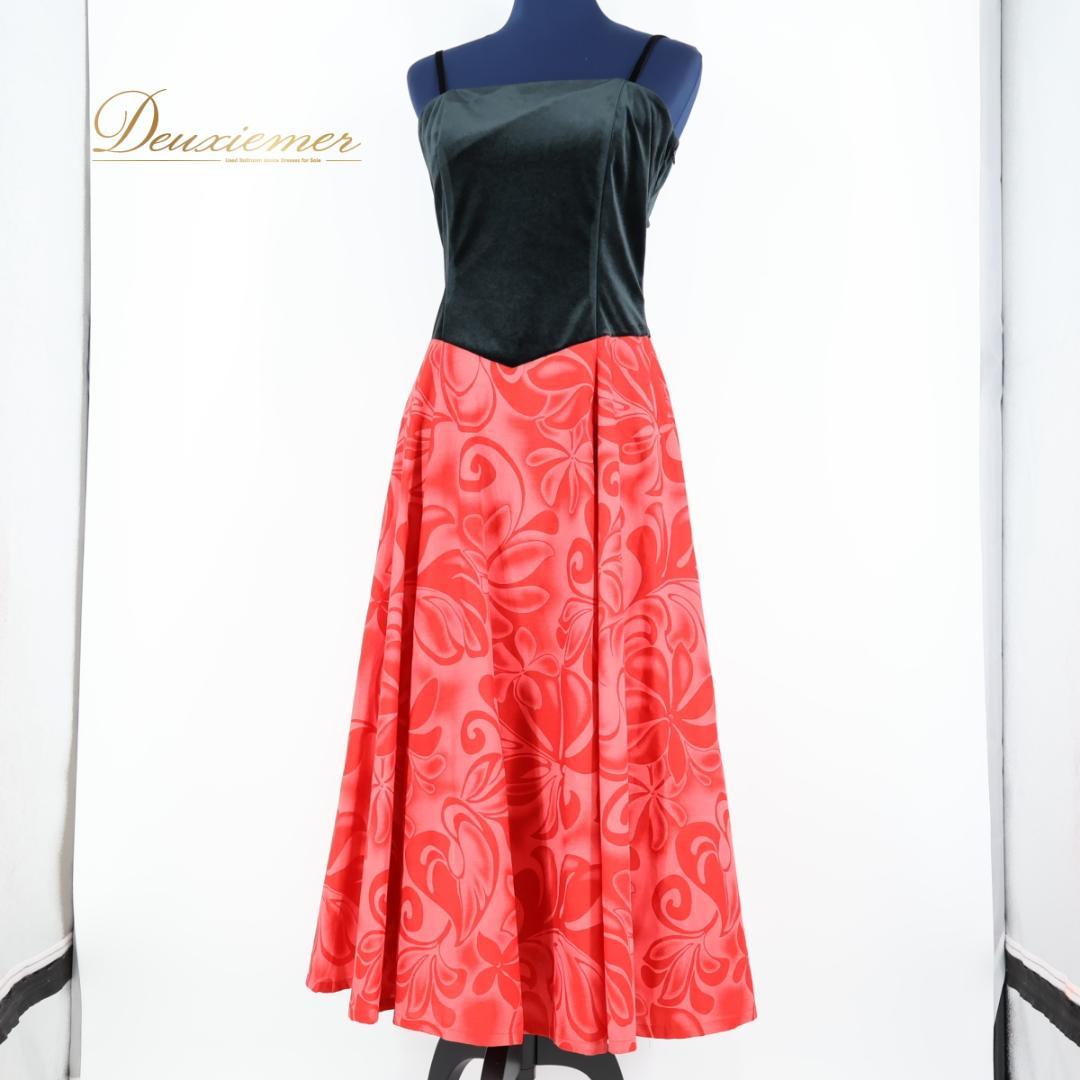 【日本製 フラダンス衣装】レッド Hula Ku ワンピース 赤 黒 花柄 ③