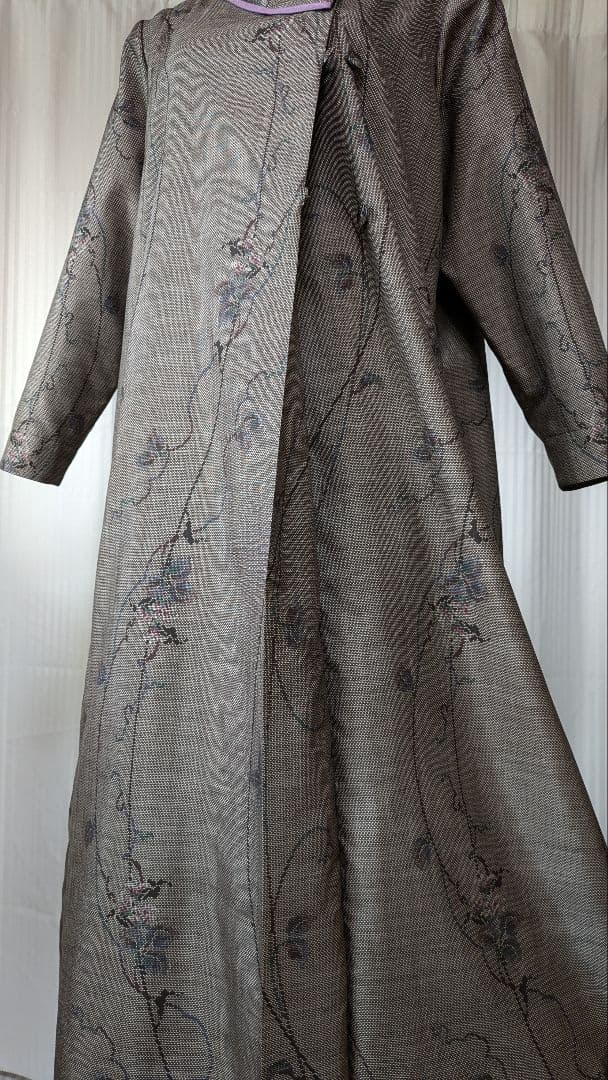 No252大島紬着物リメイク 7マルキ茶泥大島 被りタイプワンピース