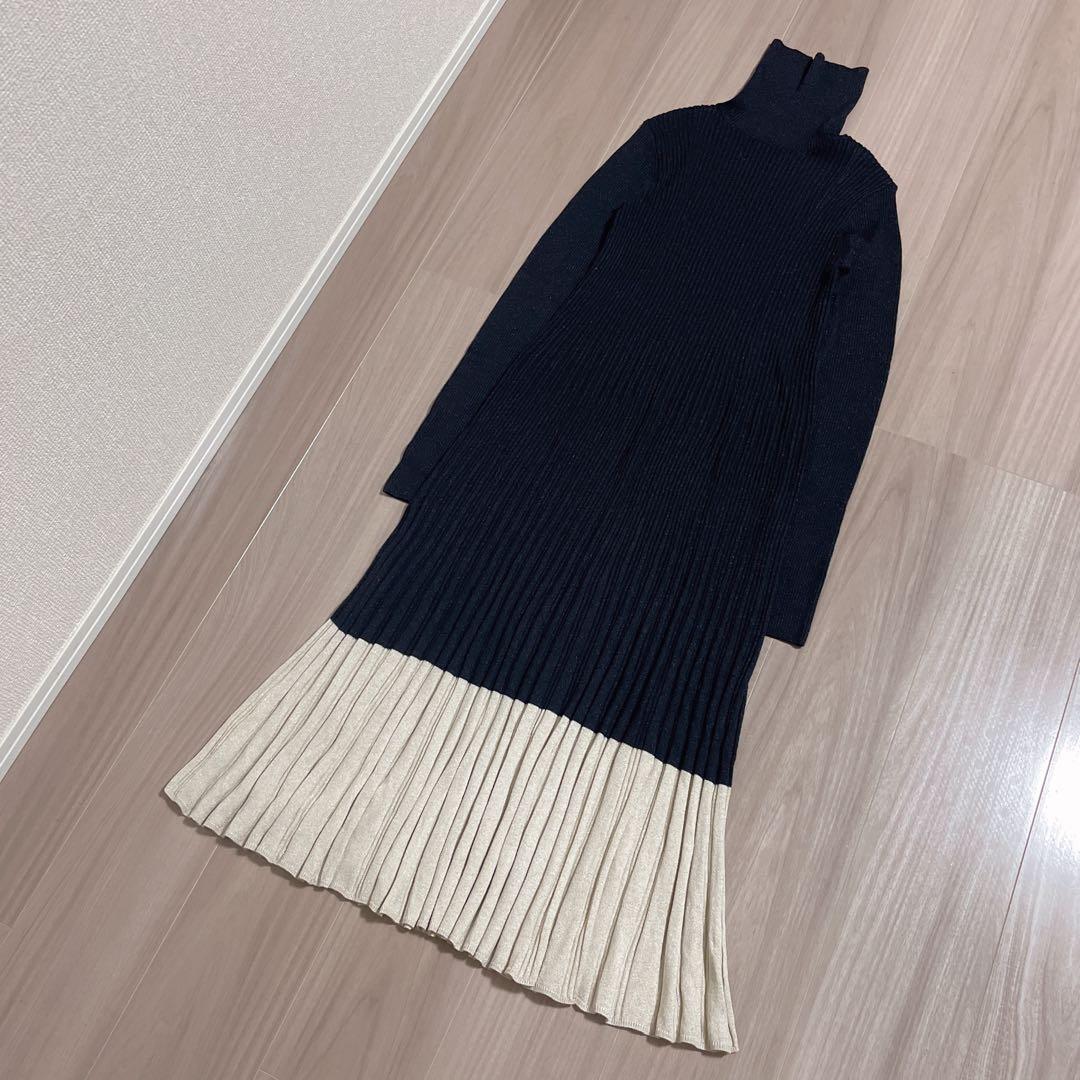 【美品】ミラオーウェン タートルネックロングリブニットワンピース 0サイズ