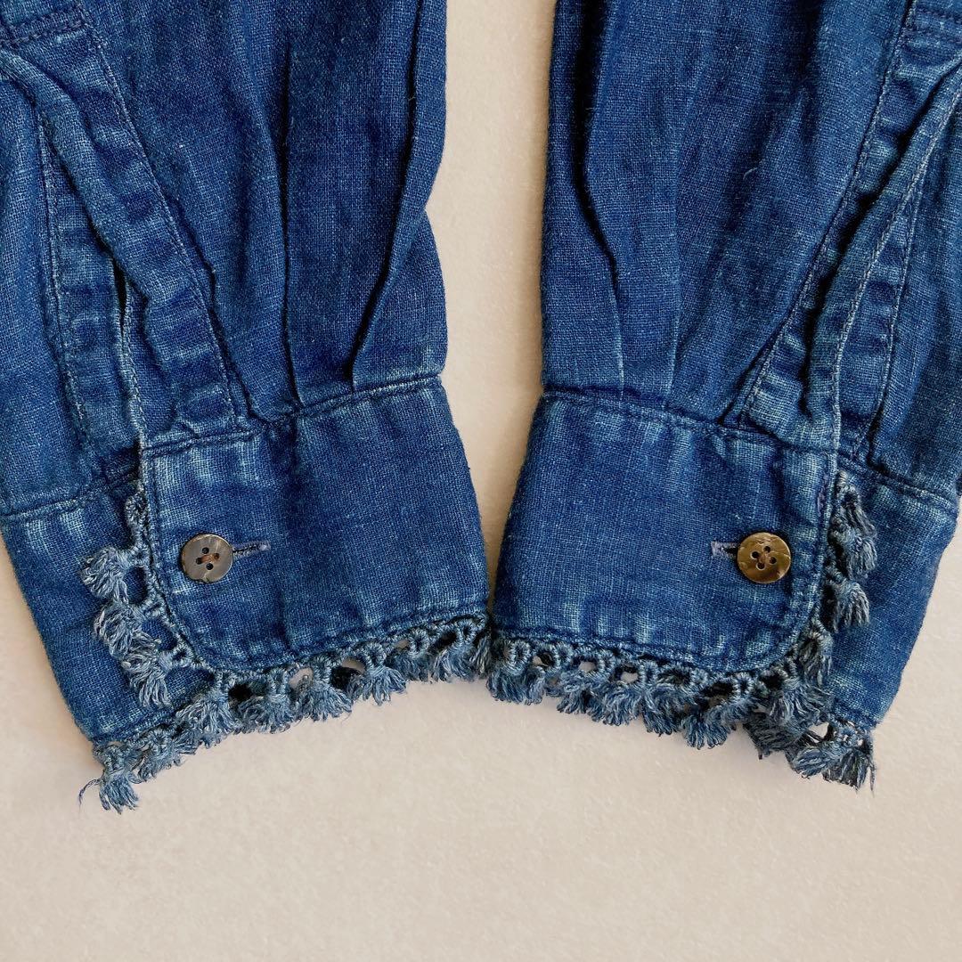 キャピタル レース襟 リネン100% ゆったり インディゴデニムシャツ 藍色