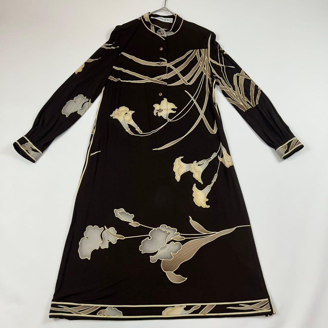 P168 L レオナール シルク100% ロングワンピース ブラウン レディース