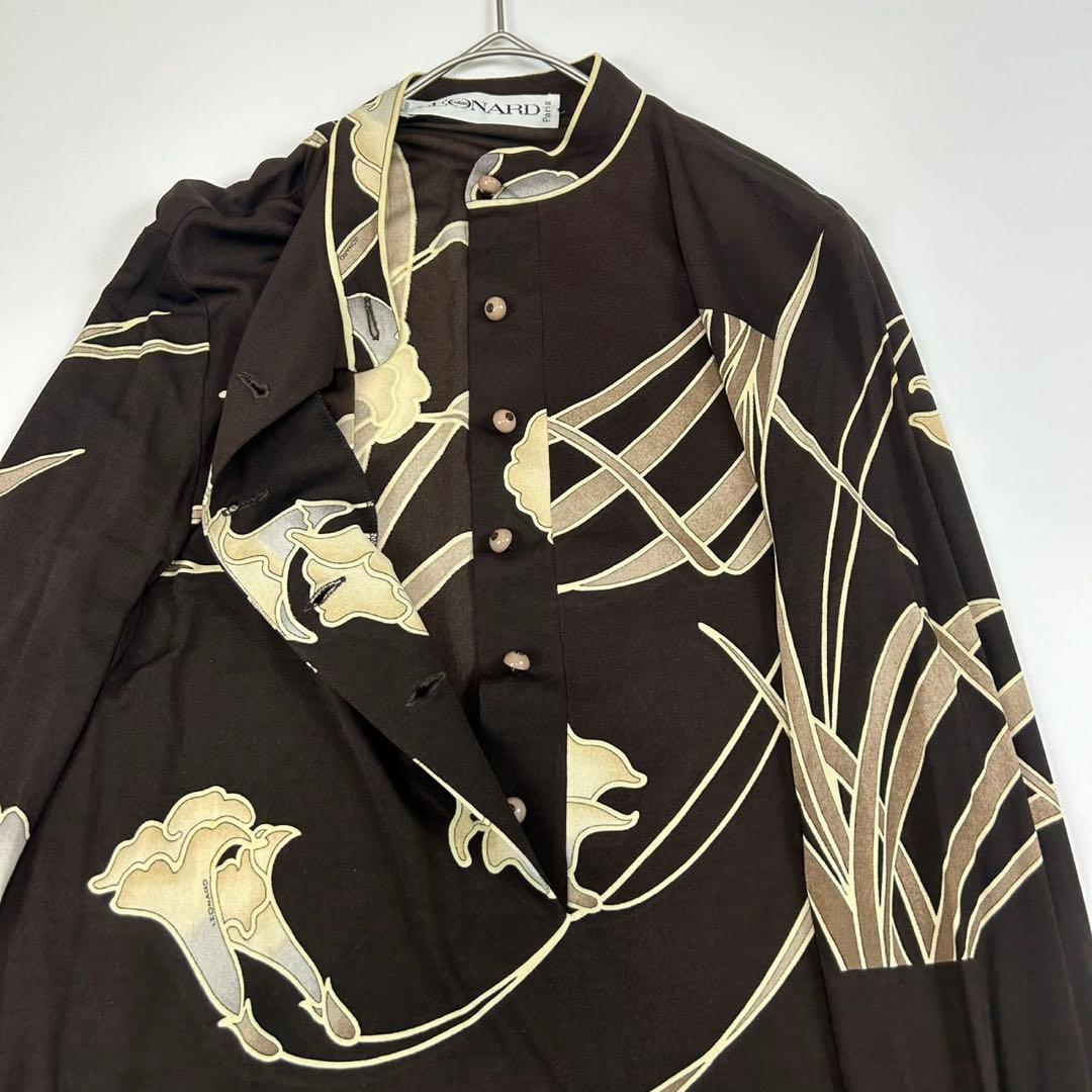 P168 L レオナール シルク100% ロングワンピース ブラウン レディース