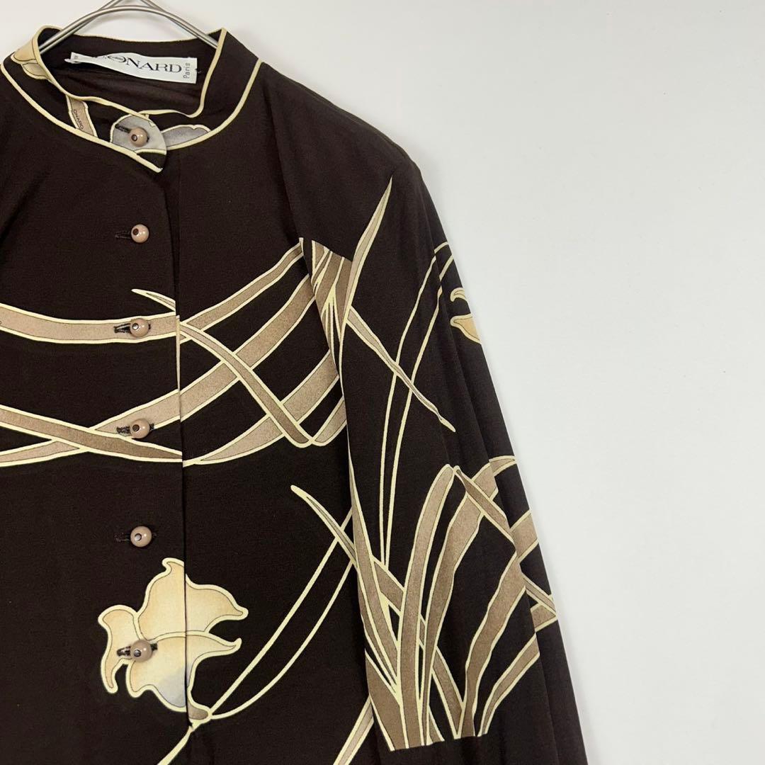 P168 L レオナール シルク100% ロングワンピース ブラウン レディース