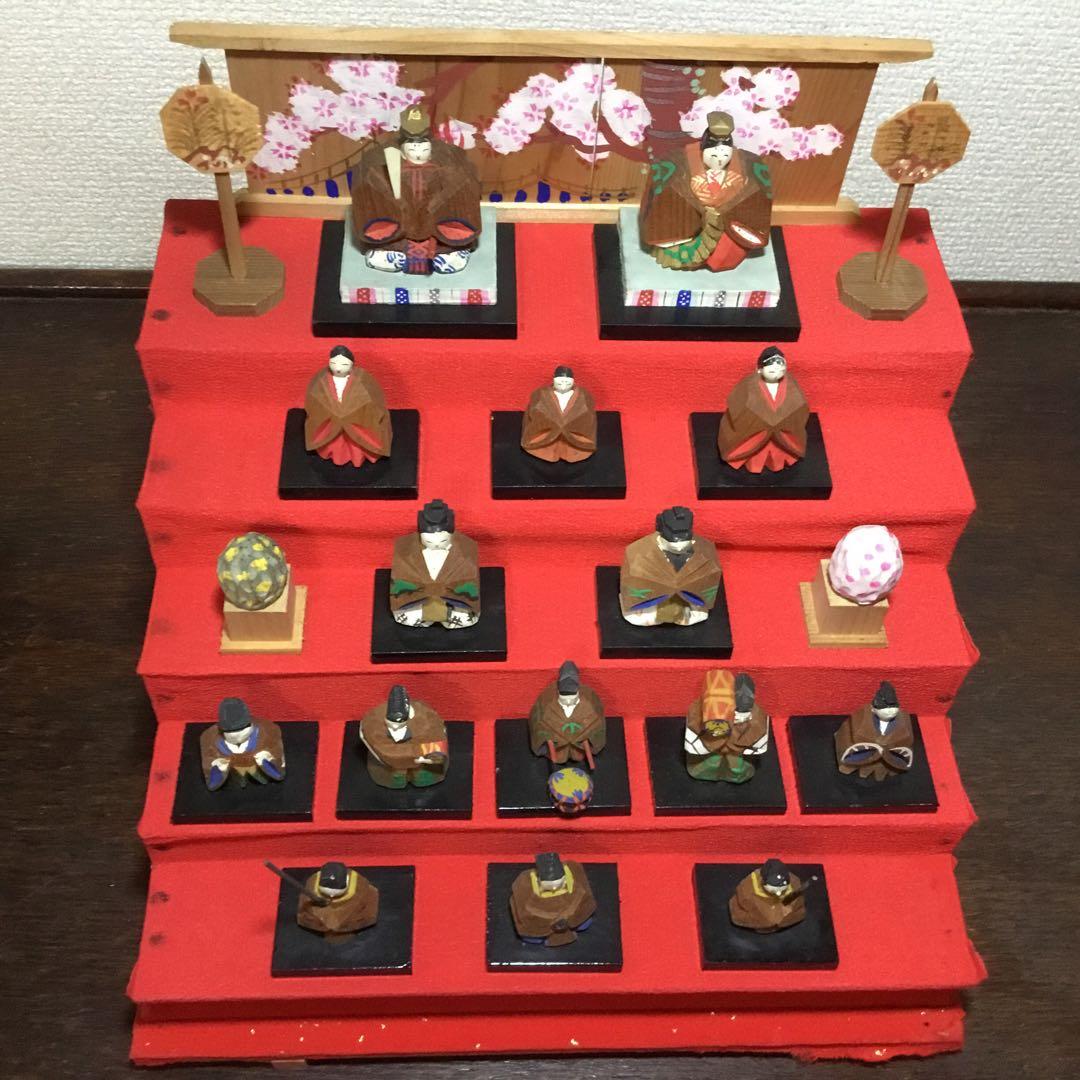 ミニ雛人形◆一刀彫◆ビンテージ 段飾り 木彫 伝統工芸 雛段 5段飾り