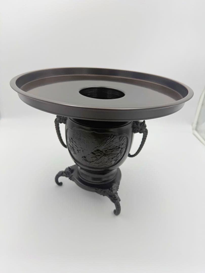 銅製 薄端 花器 尺一寸 花台付き 山水彫刻 共箱 華道具